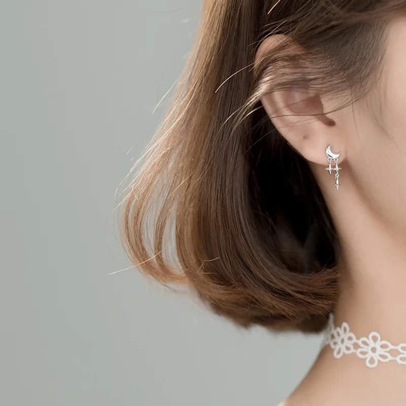 Нов 925 сребърна звезда обеци пискюл на ухото бижута подарък за Дама момиче за тийнейджъри Изображение 4