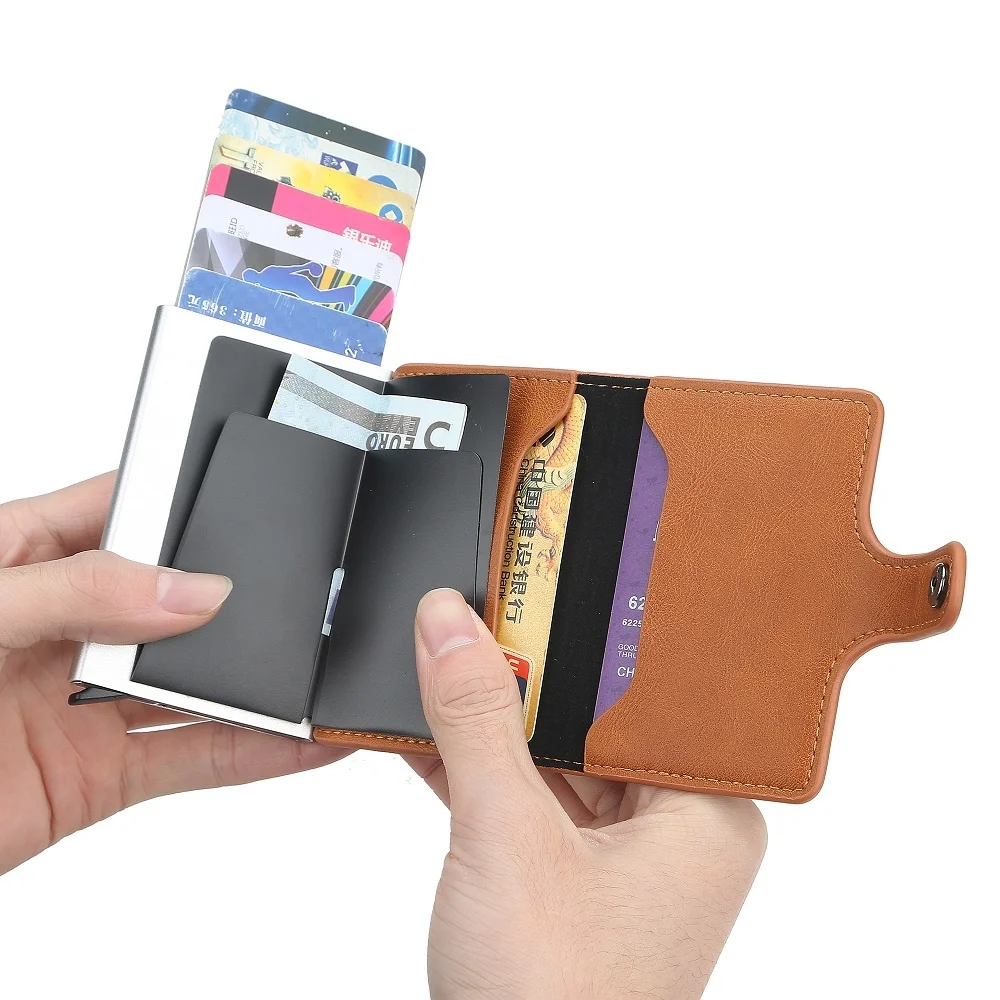 Нов мъжки притежателя на кредитната карта Hasp с блокиране на RFID от изкуствена кожа, автоматична притежателя на бизнес-идентификация, алуминий метален портфейл за карти Изображение 2