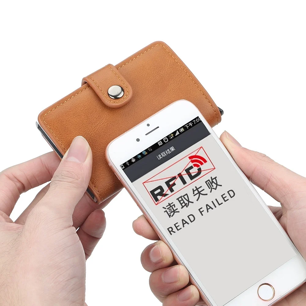 Нов мъжки притежателя на кредитната карта Hasp с блокиране на RFID от изкуствена кожа, автоматична притежателя на бизнес-идентификация, алуминий метален портфейл за карти Изображение 3