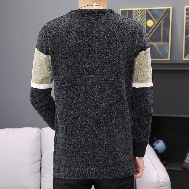 Нов мъжки пуловер от шенилна, есенно-зимните пуловери, мъжки модни дебела топла долна риза, модни пуловери с кръгли деколтета, Pull Homme Изображение 1