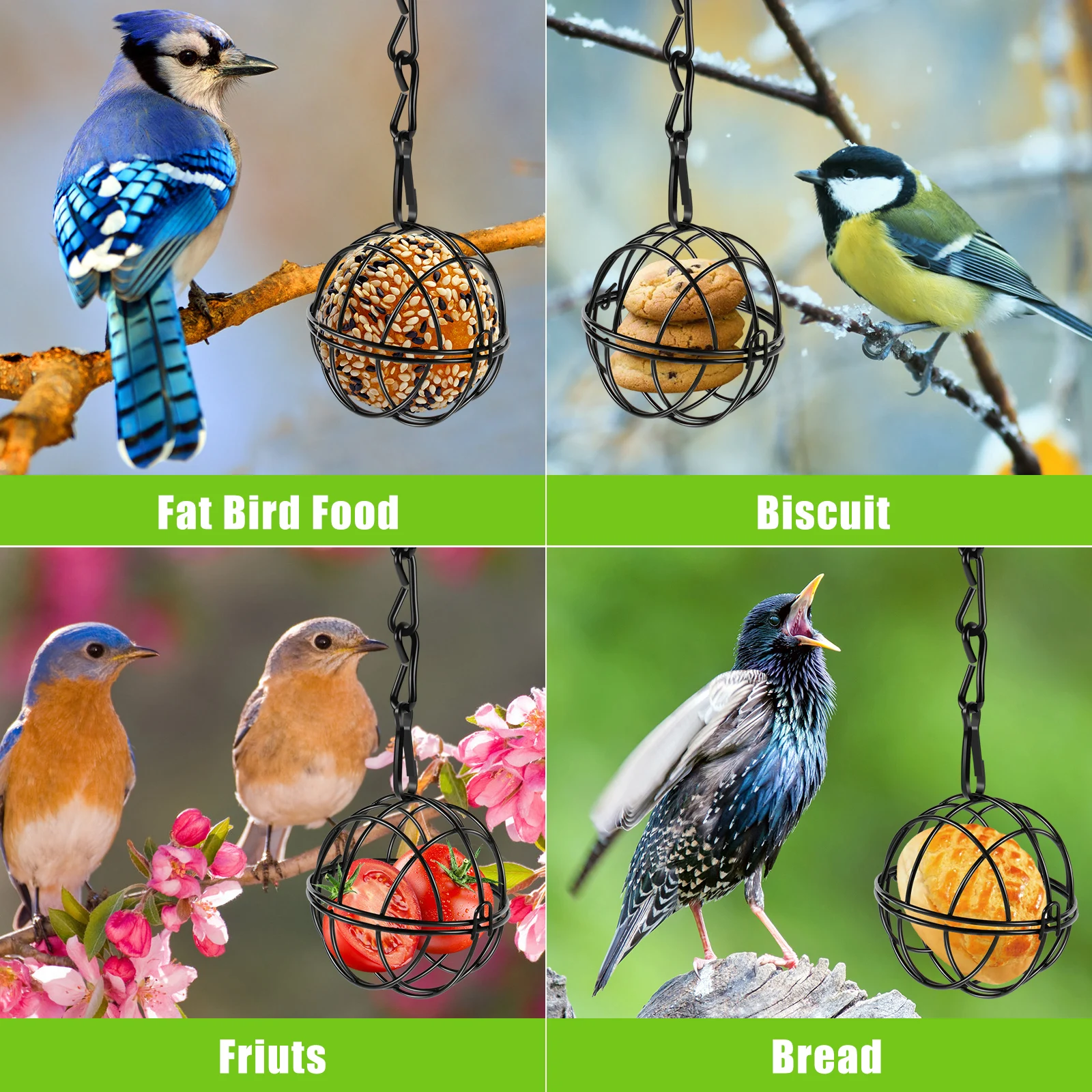 Нов набор от хранилки за птици с топки от 4 опаковки, Метален комплект станция за хранене на птици с висящи вериги, защитени от протеин, хранилки за птички отвън Изображение 3