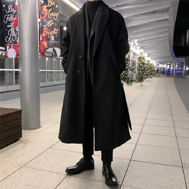 Нов стил мъжка висококачествен тренч, есенно-зимна костюм, яката, однобортное однотонное вълна палто с дължина до коляното Изображение 1
