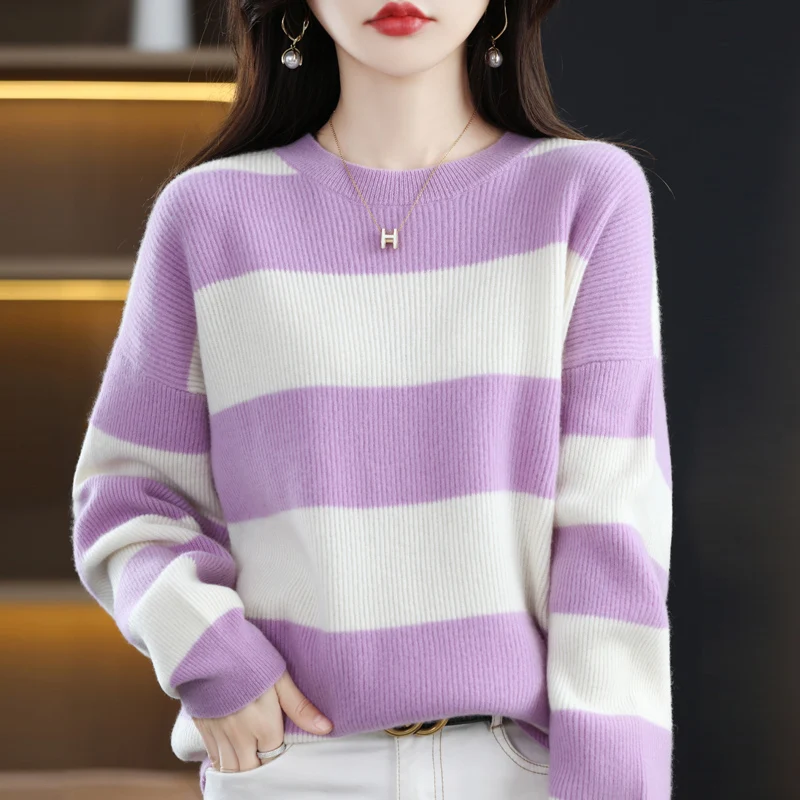 Нова есенно-зимния женски пуловер с кръгло деколте от 100% вълна и кашмир, шарени контрастен женски пуловер за почивка, топ Изображение 0