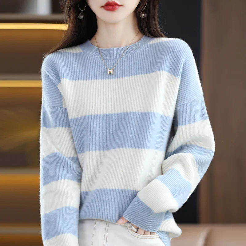 Нова есенно-зимния женски пуловер с кръгло деколте от 100% вълна и кашмир, шарени контрастен женски пуловер за почивка, топ Изображение 1