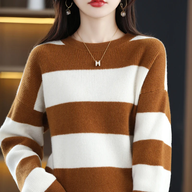 Нова есенно-зимния женски пуловер с кръгло деколте от 100% вълна и кашмир, шарени контрастен женски пуловер за почивка, топ Изображение 2
