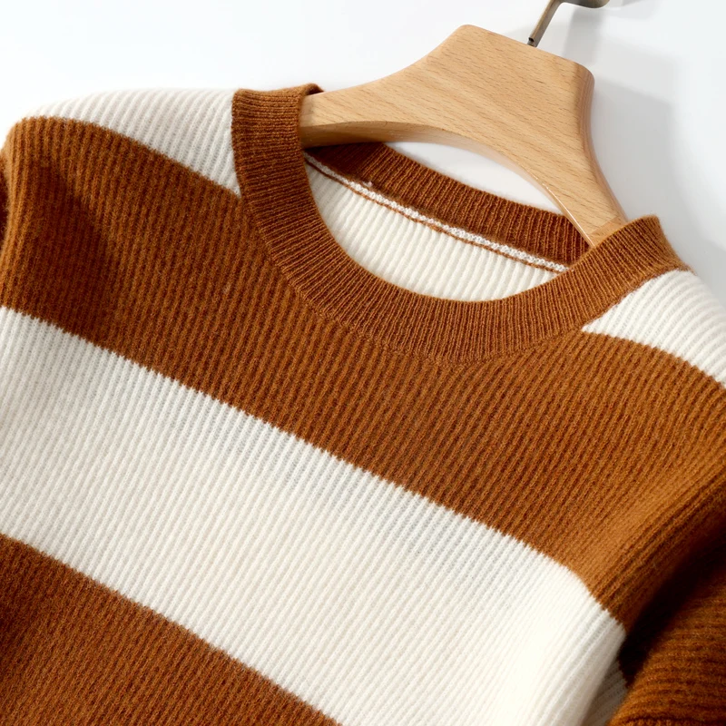 Нова есенно-зимния женски пуловер с кръгло деколте от 100% вълна и кашмир, шарени контрастен женски пуловер за почивка, топ Изображение 3