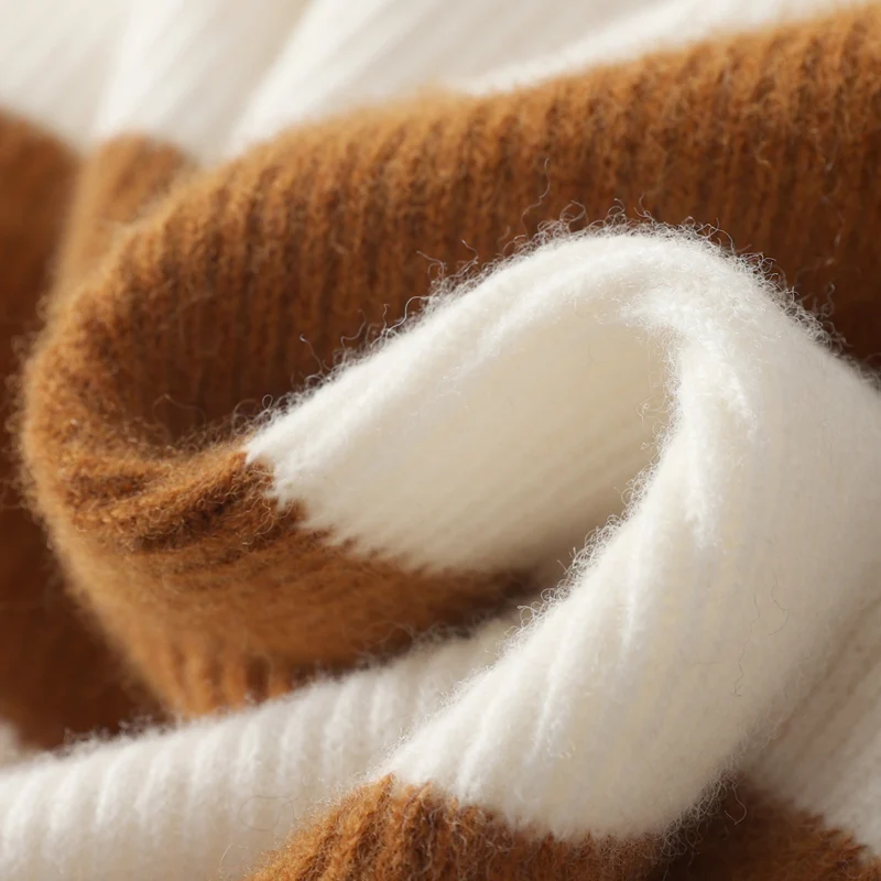 Нова есенно-зимния женски пуловер с кръгло деколте от 100% вълна и кашмир, шарени контрастен женски пуловер за почивка, топ Изображение 4