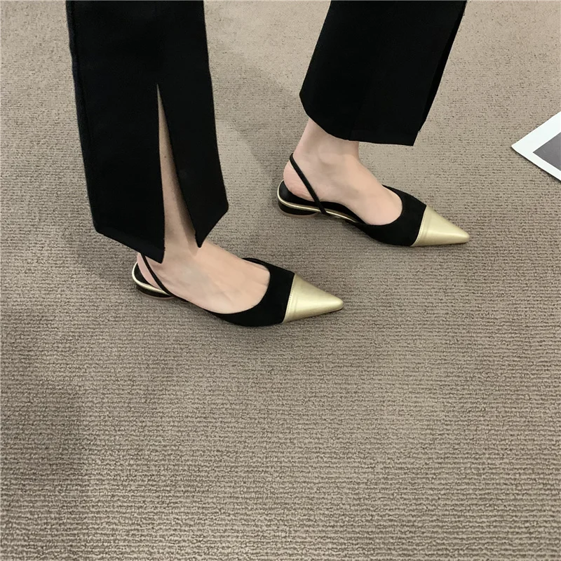 Нови дамски сандали за лятото 2023, модни обувки-слипоны с остри пръсти метален цвят на ниски токчета, Модерни Джапанки, Ежедневни пикантни сандали на равна подметка Изображение 3