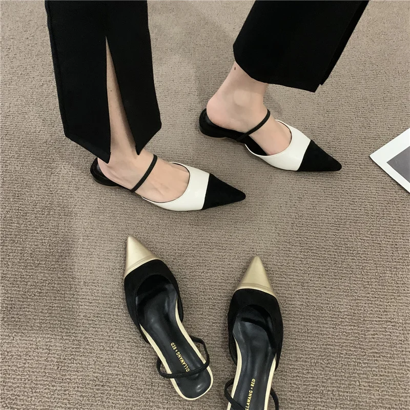 Нови дамски сандали за лятото 2023, модни обувки-слипоны с остри пръсти метален цвят на ниски токчета, Модерни Джапанки, Ежедневни пикантни сандали на равна подметка Изображение 5