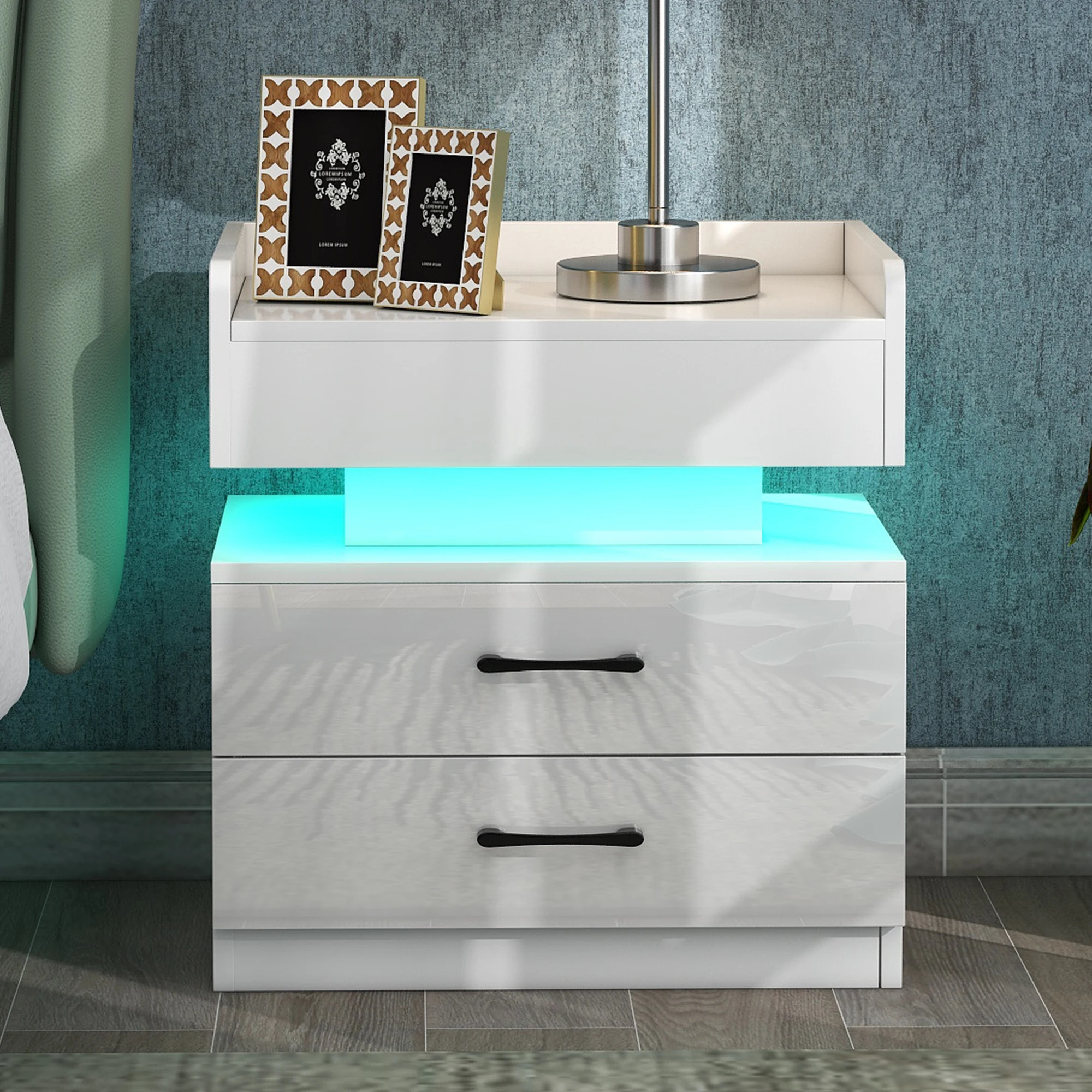Нощно шкафче с led подсветка, безжична зареждащата станция и USB портове, лъскавите нощни шкафчета с 2 чекмеджета Изображение 0