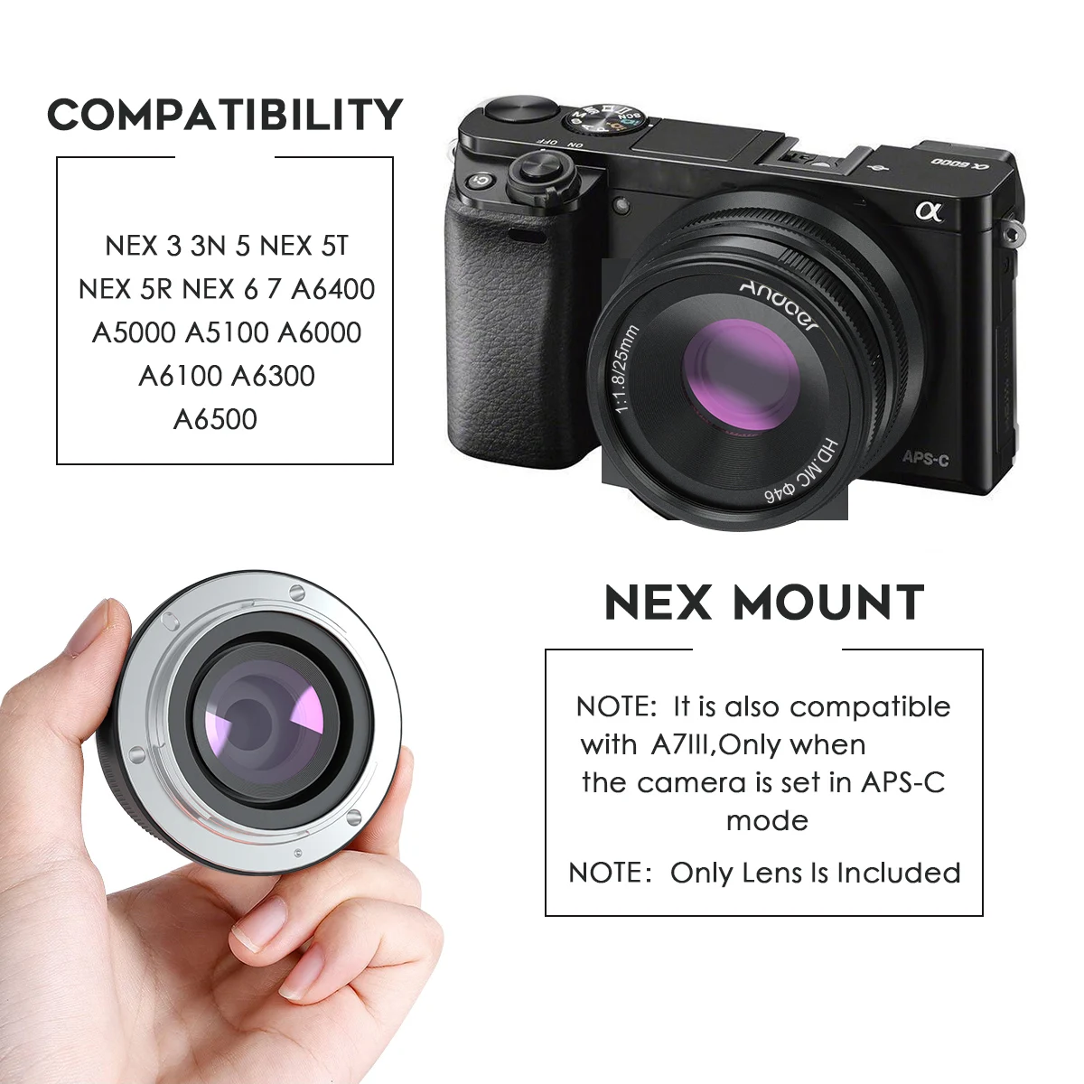 Обектива на камерата Andoer 25 мм F1.8 APS-C MF с Голяма бленда, Широкоъгълен за беззеркальных фотоапарати на Sony E-Mount A7III/A9/NEX 3 3N/NEX 5 5T Изображение 4