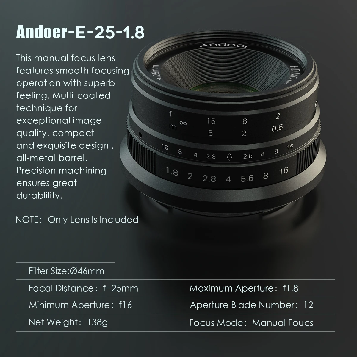 Обектива на камерата Andoer 25 мм F1.8 APS-C MF с Голяма бленда, Широкоъгълен за беззеркальных фотоапарати на Sony E-Mount A7III/A9/NEX 3 3N/NEX 5 5T Изображение 5