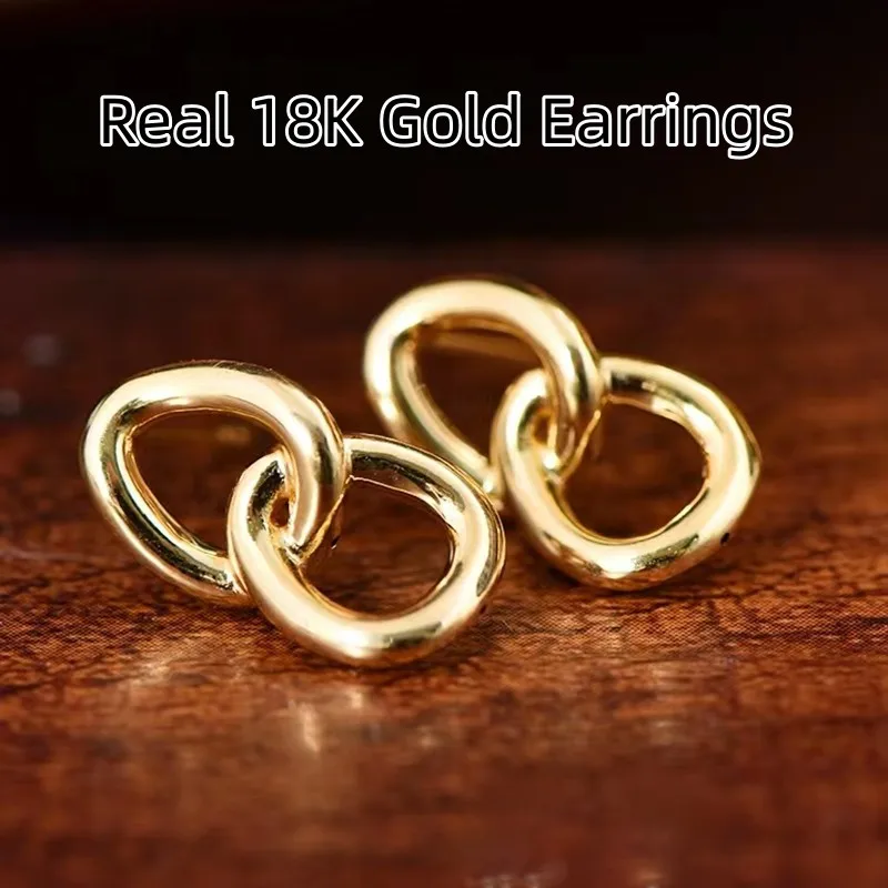 Обеци MIQIAO от истинско злато 18 Карата, чист AU750, дизайнерски обеци с двойни копчета, Женски бижута Подарък EA056 Изображение 0