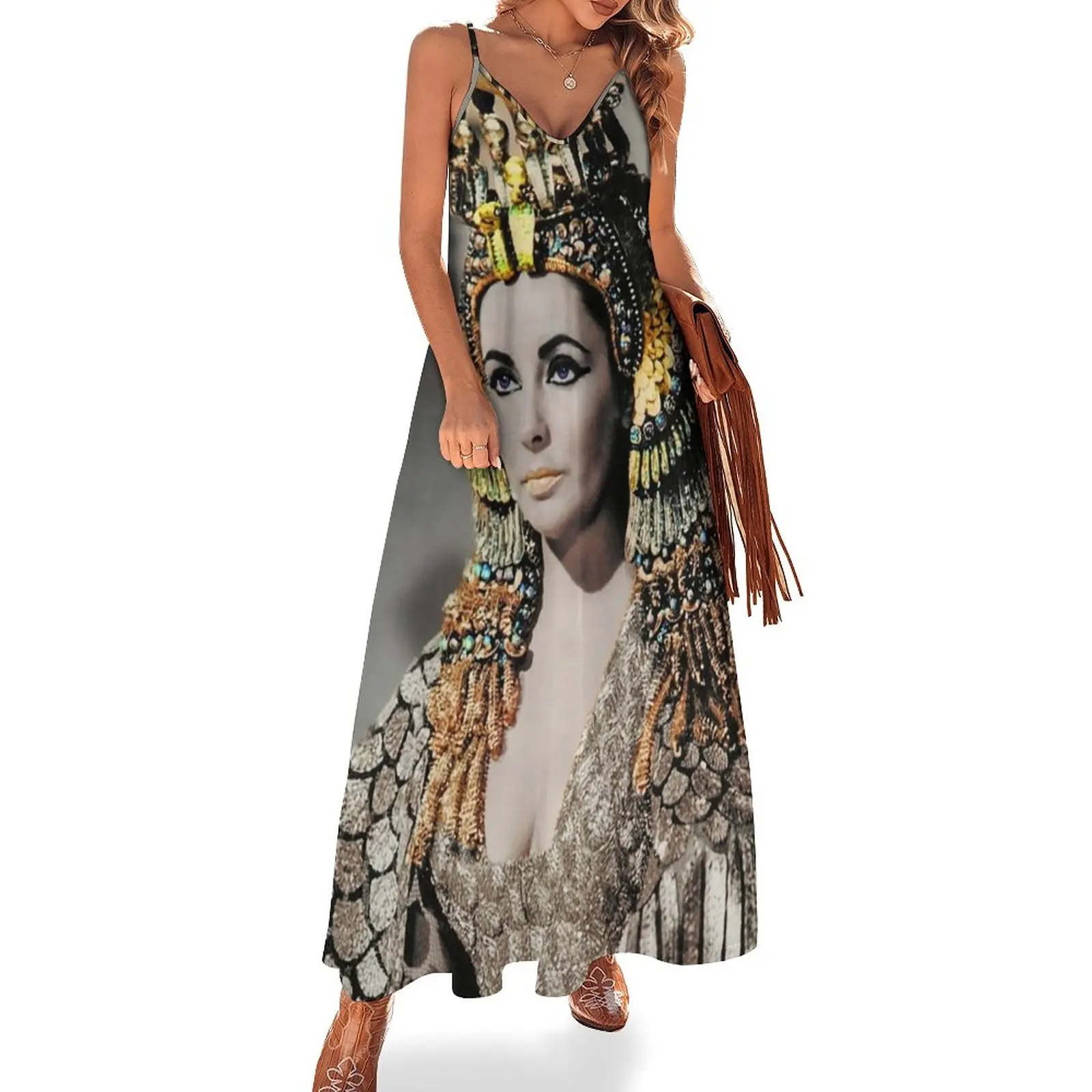 Облечи кралицата на Египет Елизабет Тейлър, сексуална Макси рокля с V-образно деколте, дълги Плажни рокли в стил бохо, уличен стил, извънгабаритни рокли Изображение 0