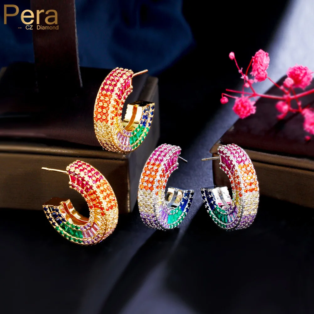 Пера, нежни цветни преливащи кубични циркониеви обеци-халки златен цвят, полукръгли обеци-халки за жени 2023, модни маркови бижута E319 Изображение 0