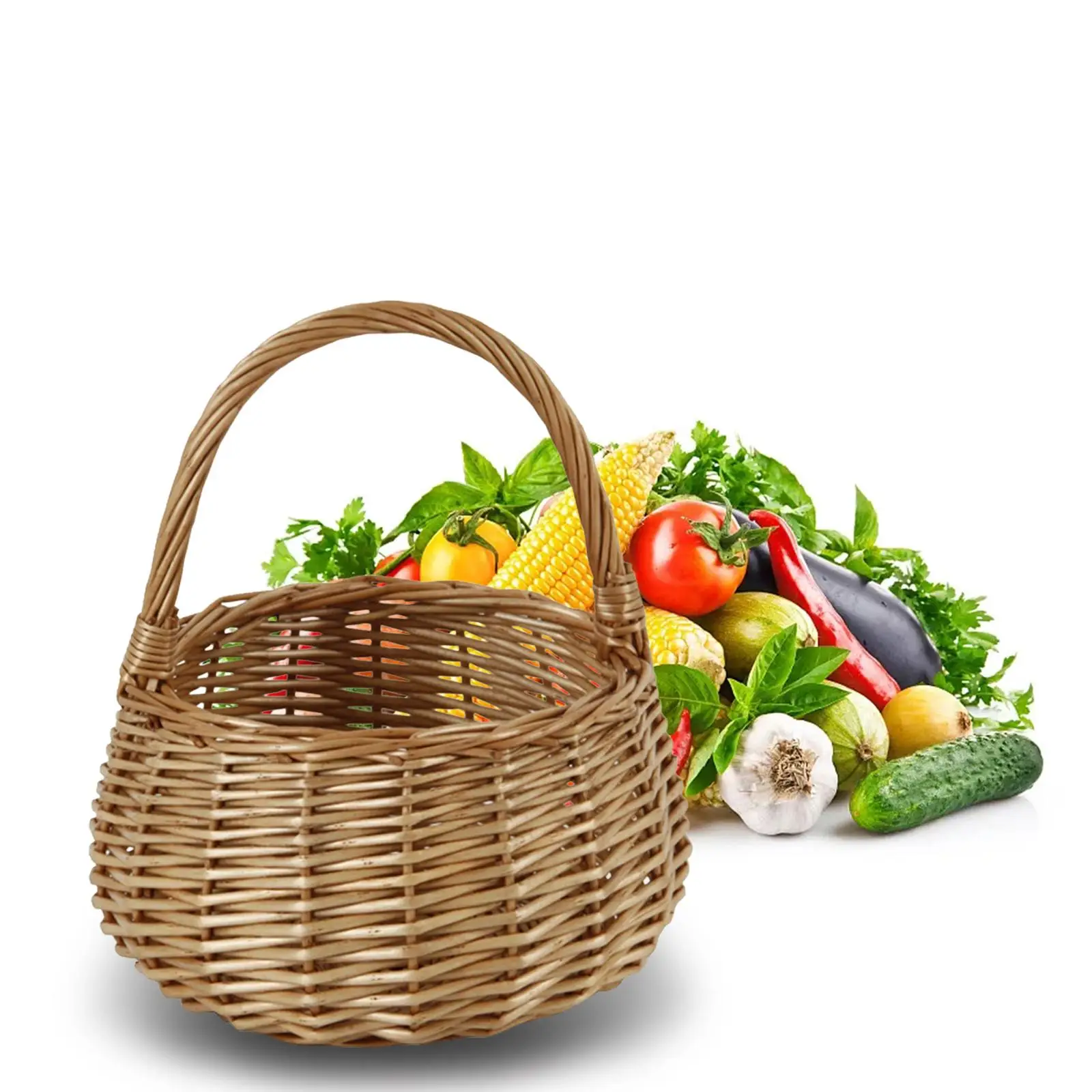Плетени Кошници за съхранение, Преносима кошница за пазаруване, Кошница за събиране, Здрава ръчна работа за пикник с цветя, хляб, плодове, зеленчуци Изображение 2