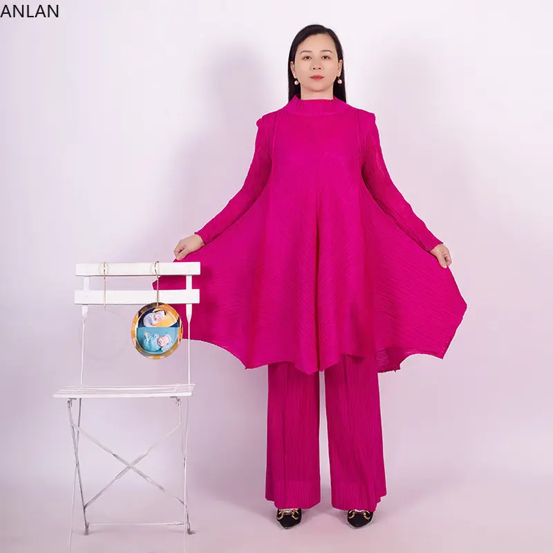 Плиссированный женски комплект Miyake, монофонични дантелен комплект с кръгло деколте и дълъг ръкав + широки панталони, всекидневни комплекти летни празнични дрехи 2023 година Изображение 0