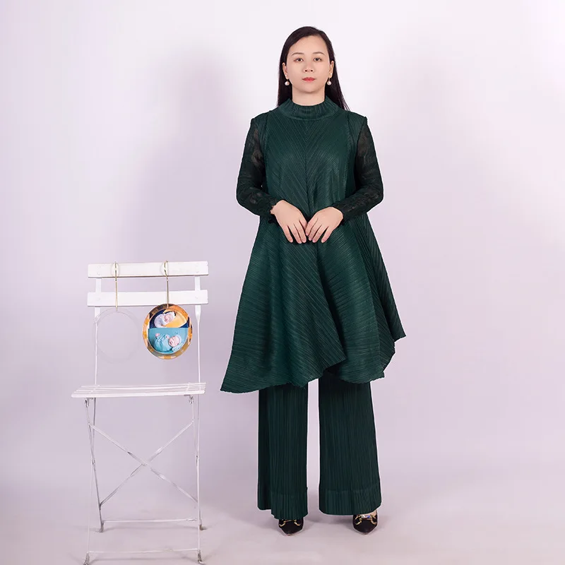 Плиссированный женски комплект Miyake, монофонични дантелен комплект с кръгло деколте и дълъг ръкав + широки панталони, всекидневни комплекти летни празнични дрехи 2023 година Изображение 2