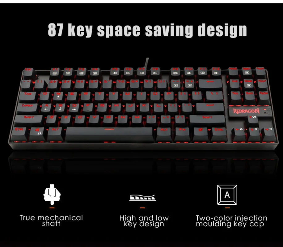 Популярната 2021 г. жичен компютърна ръчна детска клавиатура Redragon K552 с 87 клавиши Изображение 5