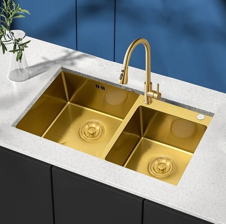 Правоъгълна мивка от неръждаема стомана и са ръчно изработени, кухненска мивка с двойна чаша, златни кухненски мивки Изображение 0
