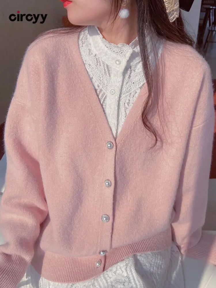 През цялата вязаный жилетка, дамски пуловер, корейската мода, бяло, синьо, розово, дамски дрехи с V-образно деколте, меко свободно палто, есен-зима 2023, топло Изображение 3