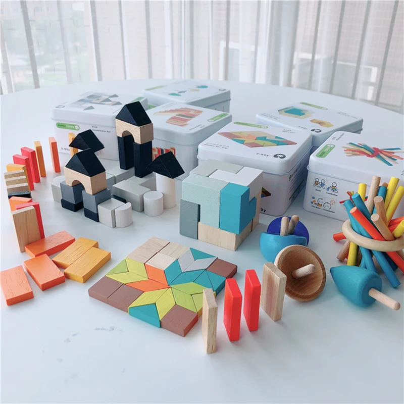 Преносими дървени блокове, детски играчки, лидице кутия, куб, строителни играчки, мини-Играчки, интерактивни дървени играчки за родители и деца Изображение 0