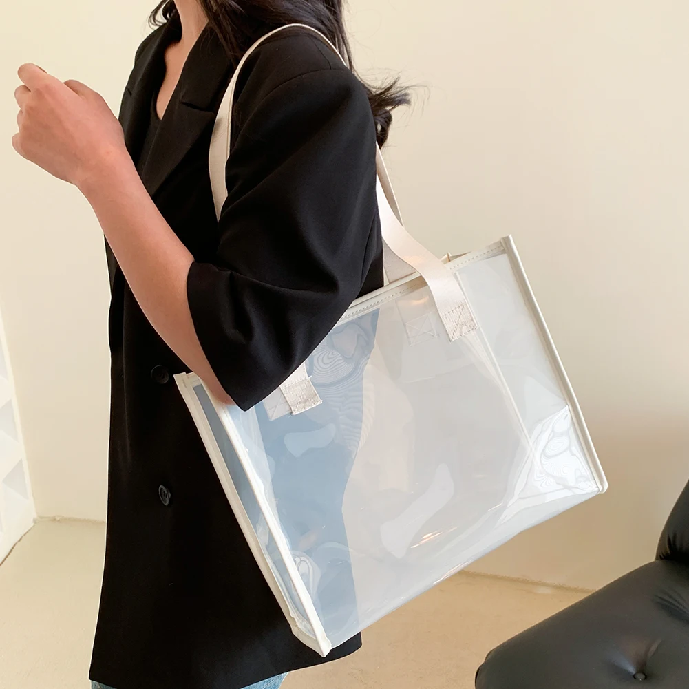 Прозрачната чанта-тоут, Прозрачни Чанти за пазаруване, Чанта През рамо, водоустойчив чанта, изработена от PVC-Голям Капацитет, Козметични Найлонови торбички Изображение 4