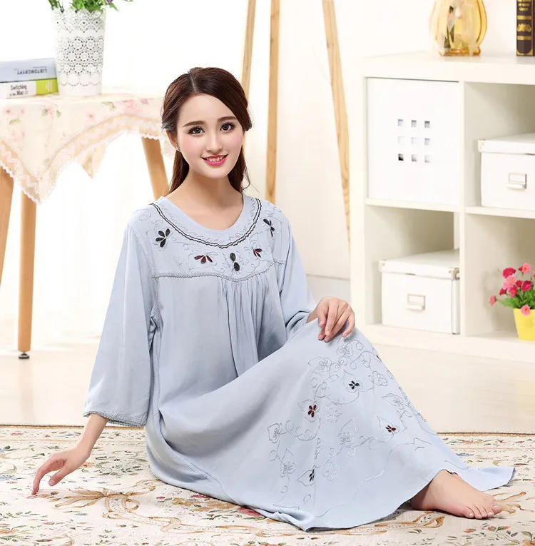 Пролет-лято и есен дамски памучен плат с елегантна дълга пижама, отличава със спокойна И удобни домашни дрехи с бродерия Изображение 3