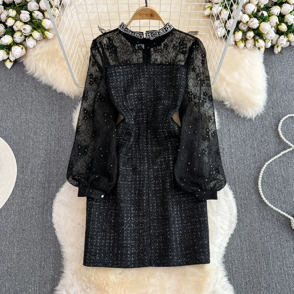 Пролетни дамски черни модерен дизайнерски рокли за подиум, дамско дантелено Рокля в стил мозайка, расшитое мъниста, висококачествено луксозно къса рокля Изображение 3