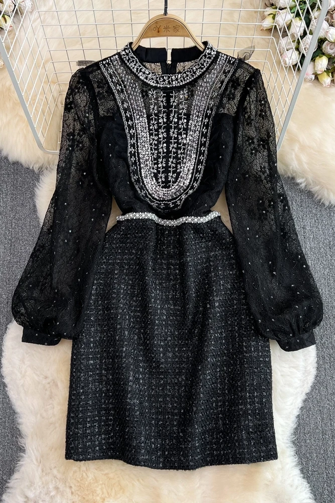 Пролетни дамски черни модерен дизайнерски рокли за подиум, дамско дантелено Рокля в стил мозайка, расшитое мъниста, висококачествено луксозно къса рокля Изображение 5