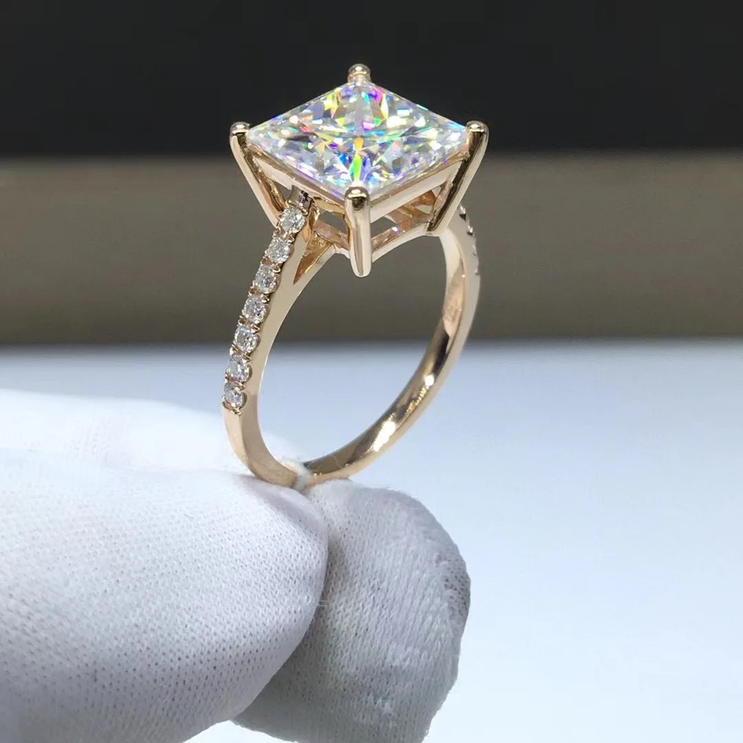 Пръстен от истинско розово злато 9 Към жената е годежен пръстен за парти в чест на годишнина от годеж, с Квадратно диамантен пръстен на принцеса с муассанитом, Романтична диамант 1 2 3 4 5 карата Изображение 3