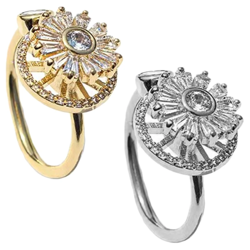 Пръстени-прядильщики за жени с кубическим цирконием, пръстени за безпокойство във формата на слънчоглед, въртящи се пръстени, регулируема успокояващ пръстен за безпокойство Изображение 1