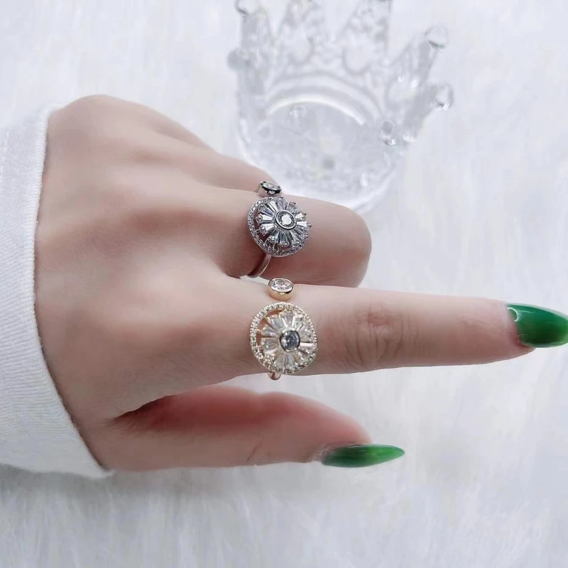 Пръстени-прядильщики за жени с кубическим цирконием, пръстени за безпокойство във формата на слънчоглед, въртящи се пръстени, регулируема успокояващ пръстен за безпокойство Изображение 2