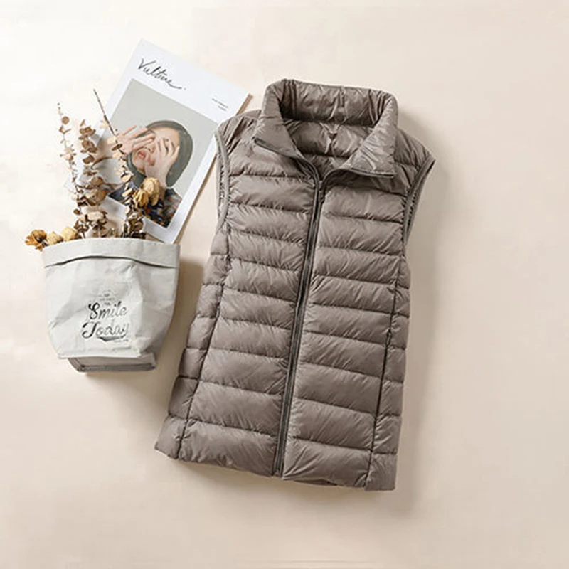 Пуховый жилетка с яка-часова, женски Ultralight случайни зимна жилетка с джобове, меки халатики, стеганая яке без ръкави Изображение 3