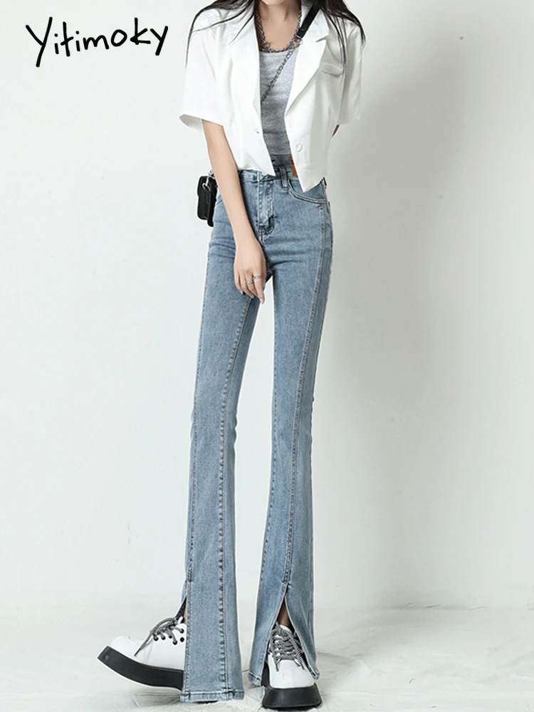 Разкроена дънки Yitimuceng Реколта тенденция на панталони с ниска талия и намаляване на Эстетичная градинска ежедневна мода Demin Pants Дамски дънки Изображение 0