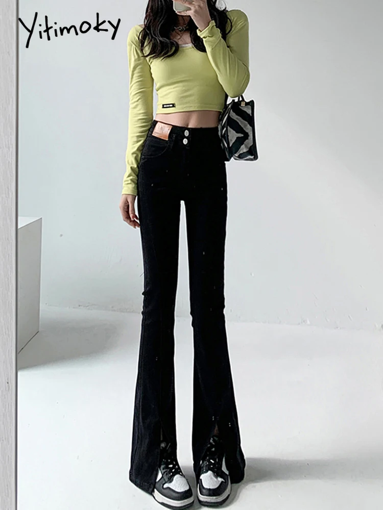 Разкроена дънки Yitimuceng Реколта тенденция на панталони с ниска талия и намаляване на Эстетичная градинска ежедневна мода Demin Pants Дамски дънки Изображение 1