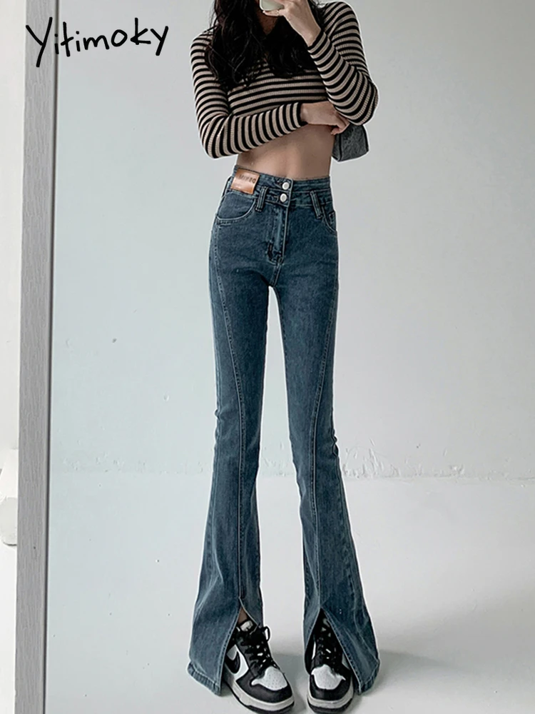 Разкроена дънки Yitimuceng Реколта тенденция на панталони с ниска талия и намаляване на Эстетичная градинска ежедневна мода Demin Pants Дамски дънки Изображение 2