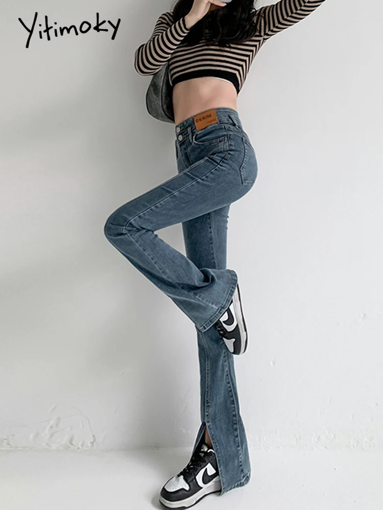 Разкроена дънки Yitimuceng Реколта тенденция на панталони с ниска талия и намаляване на Эстетичная градинска ежедневна мода Demin Pants Дамски дънки Изображение 3