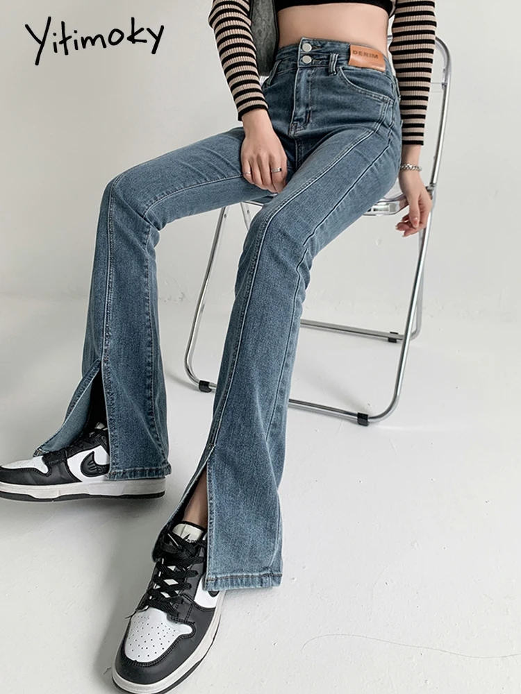 Разкроена дънки Yitimuceng Реколта тенденция на панталони с ниска талия и намаляване на Эстетичная градинска ежедневна мода Demin Pants Дамски дънки Изображение 4