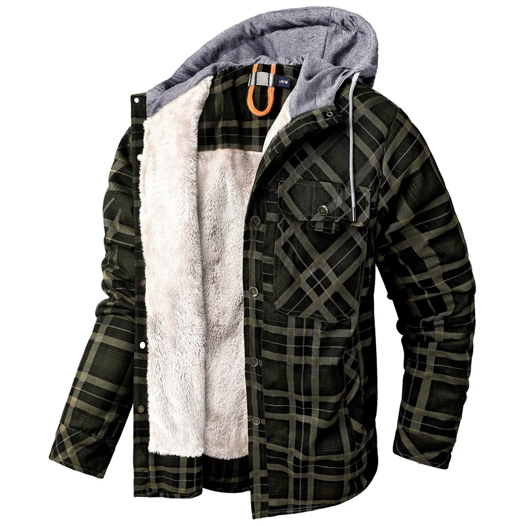 Размерът на САЩ, топли зимни якета мъжки, мек вълнен плат качулка, изпъстрен фланелен ризи за мъже, палто с дълги ръкави, термална на горно облекло, работно яке-cargo Изображение 2
