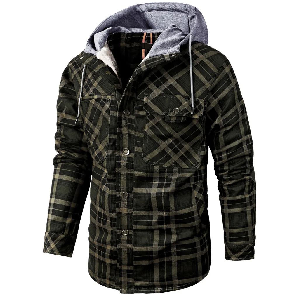 Размерът на САЩ, топли зимни якета мъжки, мек вълнен плат качулка, изпъстрен фланелен ризи за мъже, палто с дълги ръкави, термална на горно облекло, работно яке-cargo Изображение 3