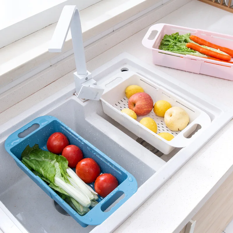 Разширяем пластмасов леген за измиване на зеленчуци с дренажна кошница за кухненска мивка, удобен и компактен кош за филтър за мивка Изображение 3