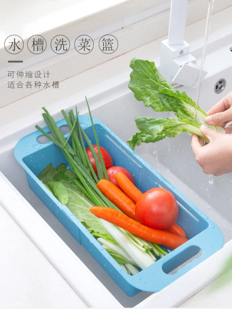 Разширяем пластмасов леген за измиване на зеленчуци с дренажна кошница за кухненска мивка, удобен и компактен кош за филтър за мивка Изображение 5