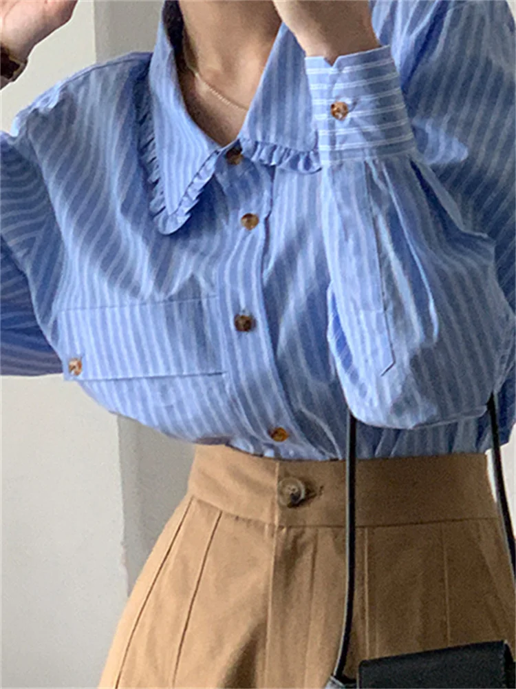 Раирана риза за жени, пролет-лято 2023, Новост, блузи, големи размери с дълъг ръкав и отложным яка, офис женски случайни топ Изображение 3