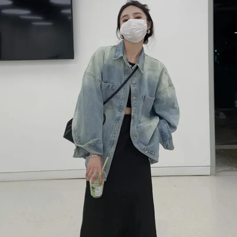 Реколта дънкови ризи в корейски стил, дамски якета Harajuku Гръндж Oversize, градинска облекло Kpop, основно ежедневното палто с дълъг ръкав Изображение 1