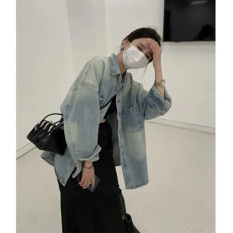 Реколта дънкови ризи в корейски стил, дамски якета Harajuku Гръндж Oversize, градинска облекло Kpop, основно ежедневното палто с дълъг ръкав Изображение 2