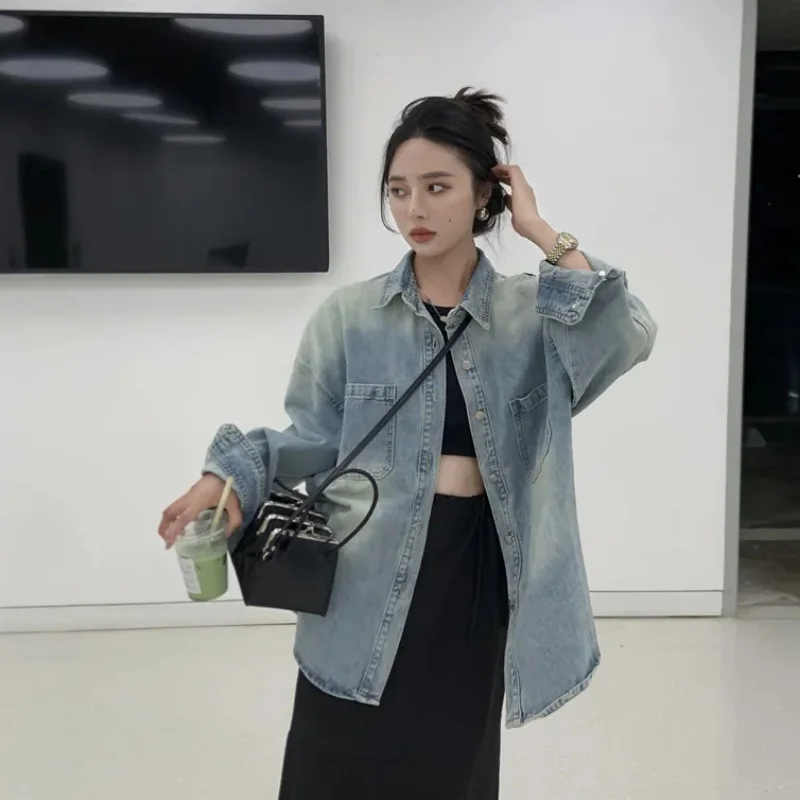 Реколта дънкови ризи в корейски стил, дамски якета Harajuku Гръндж Oversize, градинска облекло Kpop, основно ежедневното палто с дълъг ръкав Изображение 3
