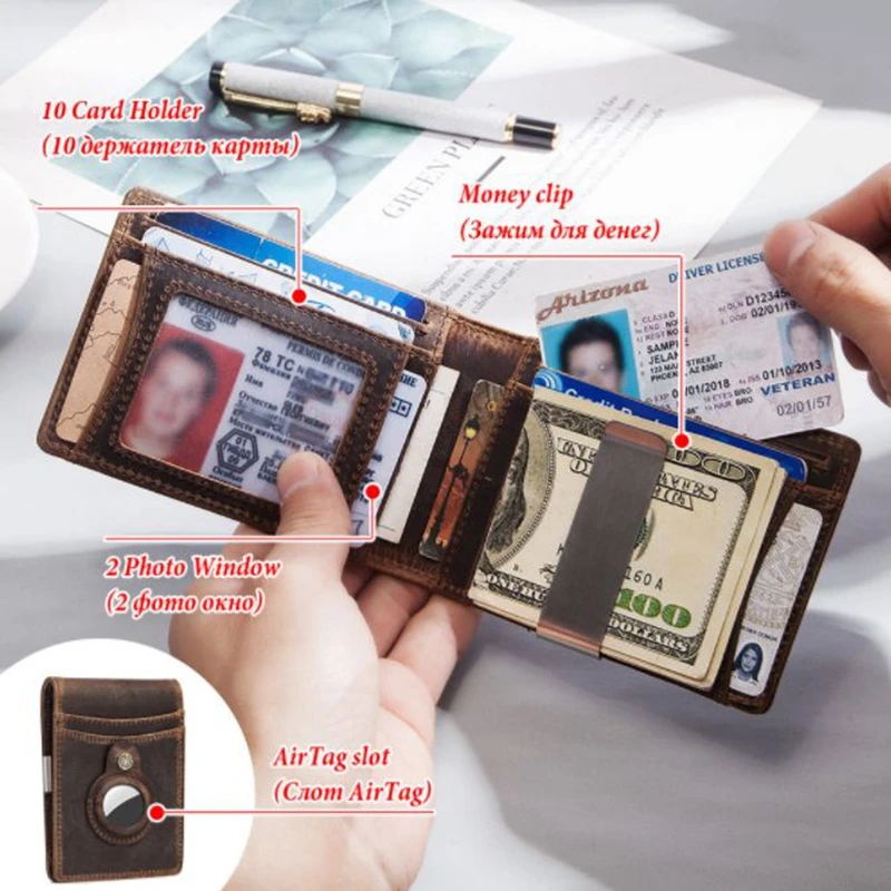 Реколта Портмоне Със Скоба За Пари AirTag От Естествена Кожа, RFID Блокиране на Портфейл За Кредитни Карти, Двоен Чантата си За Airtag GPS, Високо Качество, Тънък Walet Изображение 4