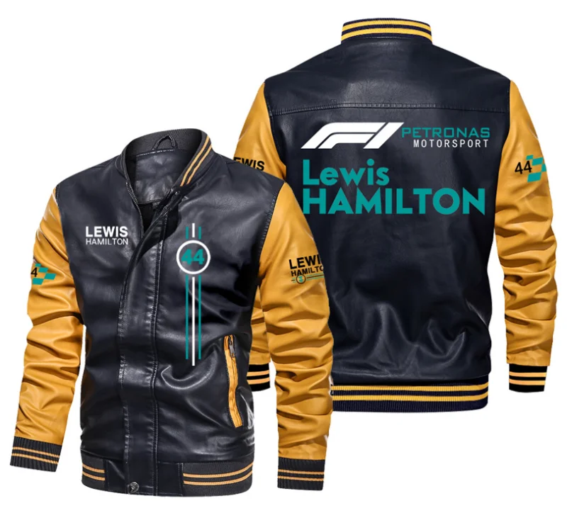 Ретро мъжко яке-бомбер с логото на Lewis Hamilton F1, есенна ежедневни мотоциклетът яке от изкуствена кожа, байкерские кожени палта, марка дрехи на европейския размер Изображение 0
