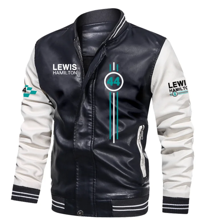 Ретро мъжко яке-бомбер с логото на Lewis Hamilton F1, есенна ежедневни мотоциклетът яке от изкуствена кожа, байкерские кожени палта, марка дрехи на европейския размер Изображение 1